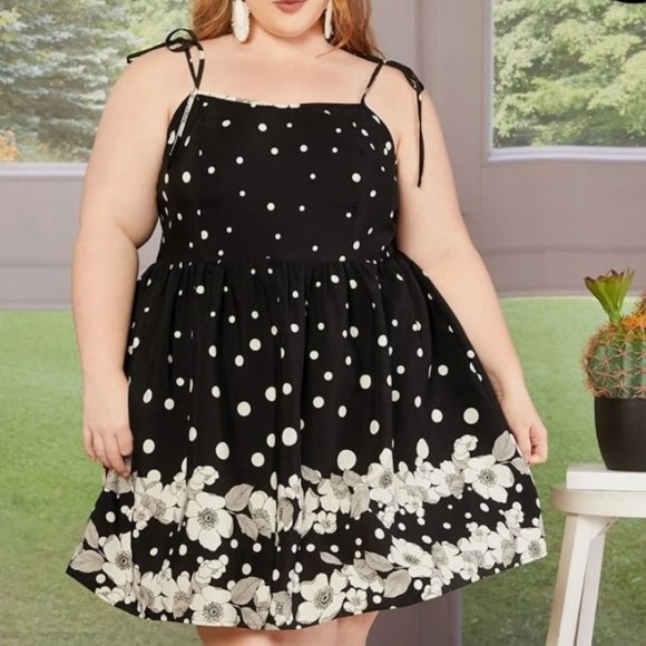 Plus Size Floral & Polka Dot Print Tie Shoulder Cami Dress - Picture 2 of 14